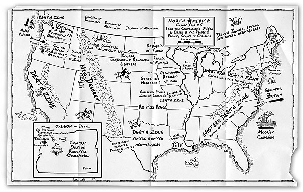 "The Sunrise Lands" by S. M. Stirling needed a map to match the new world after "The Change" that rendered technology inoperable around the world. A chart that looked sort of low-tech, hand drawn, yet completely legible to the reader was commissioned by Penguin Books. I put some creases in it to make it look like it was carried around folded in someone's pocket.